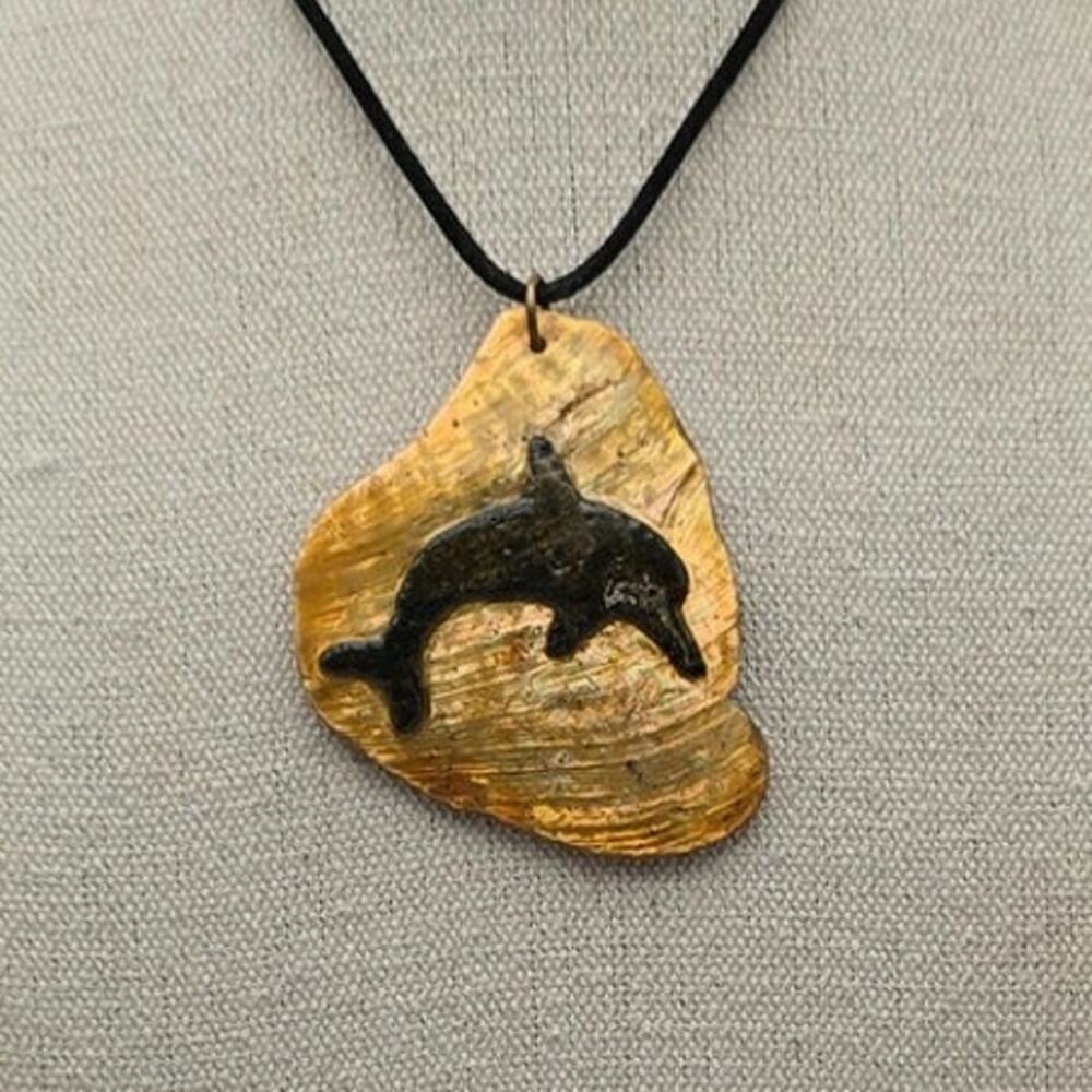 Dolphin Pendant Necklace Black Cord Natural Shell Iridescent Boho Ocean Jewelry